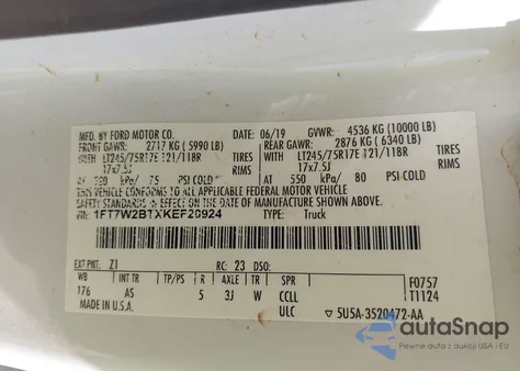 2019 Ford F-250 Xl z USA, uszkodzony, nr VIN 1FT7W2BTXKEF20924